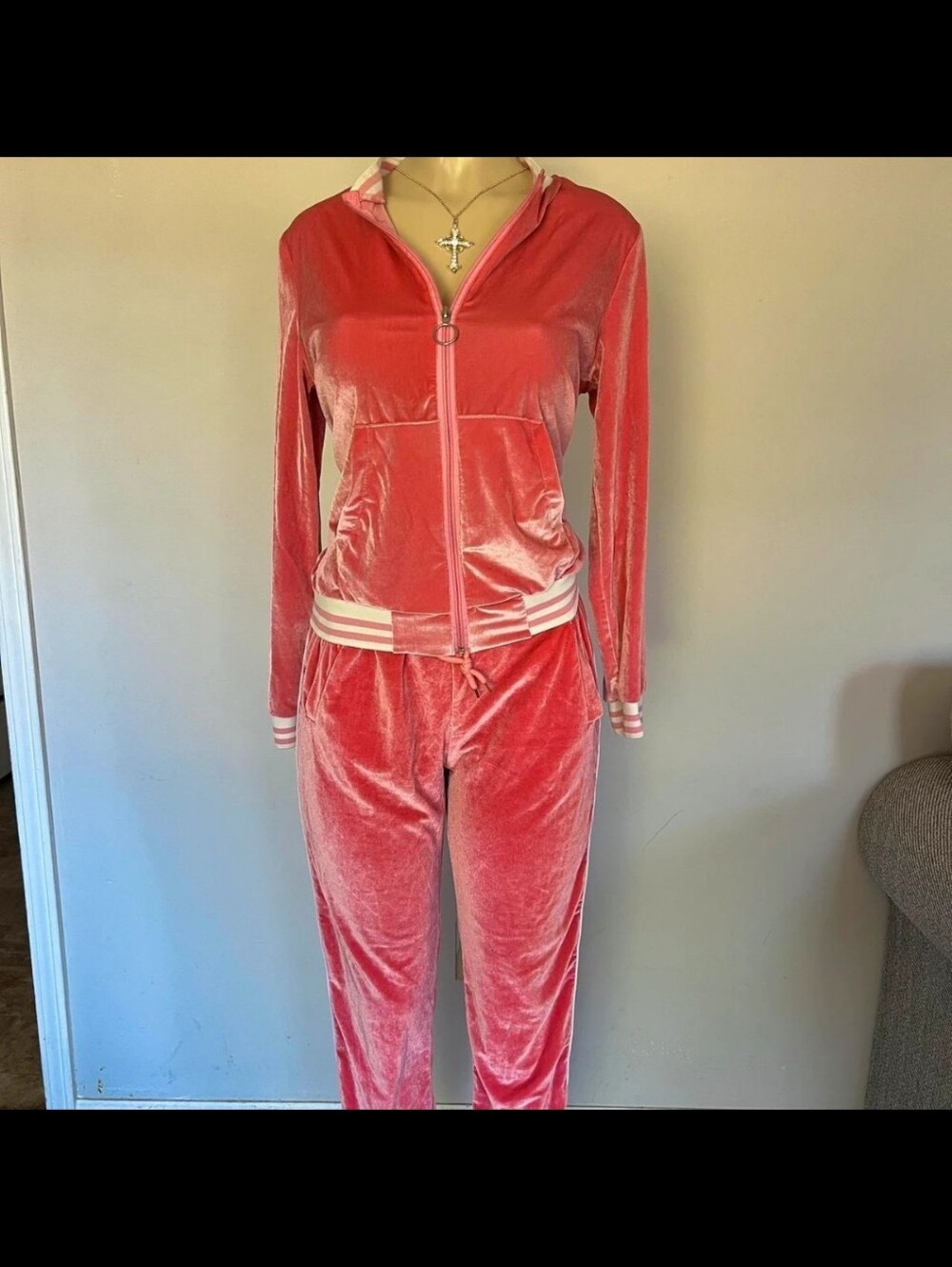 Velour Zip-Up Hoodie & Jogger Set - Coral